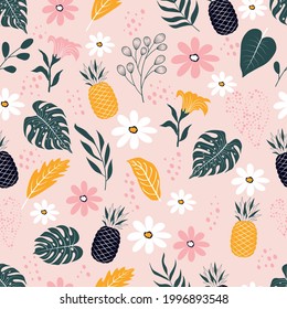 Seamless pattern of botanical floral tropical flowers and leaves with pineapple fruit vector illustration