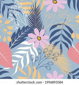Seamless pattern of botanical floral tropical flowers and leaves vector illustration