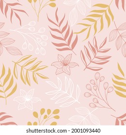 Seamless pattern of botanical floral tropical flowers and leaves line art sketch style vector illustration