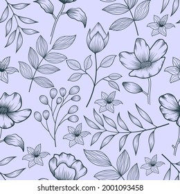 Nahtlose Muster botanischer tropischer Blumen und Blätter Linie Art Skizze Stil Vektorgrafik