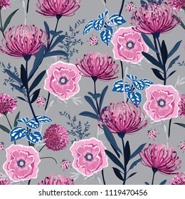 Seamless Pattern botanical  flowers, Isolated on light grey color.Floral  Decoration vector Texture. hand drawn  Style Design for Fabric Print, Wallpaper Background.