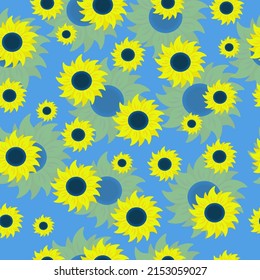 seamless pattern with botanical flowers yellow sunflowers on a blue background