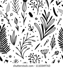 Seamless pattern with botanical graphics: flowers, plants, leaves, floral illustrations