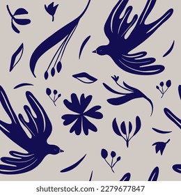 Seamless pattern botanical hand drawn ethno style ornament with birds. Abstract trendy monochrome print. Fashionable vector template for your design.
