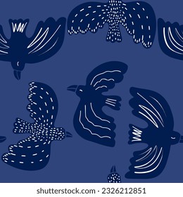 Seamless pattern botanical hand drawn ethno style ornament with birds. Abstract trendy monochrome print. Fashionable vector template for your design.
