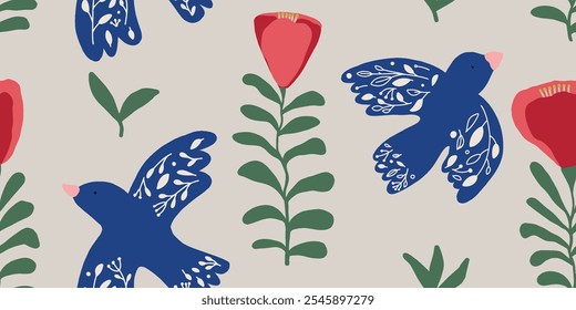 Seamless pattern botanical hand drawn beautiful style ornament with birds. Abstract trendy print. Fashionable vector template for your design