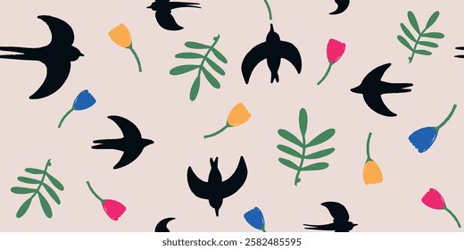 Seamless pattern botanical hand drawn beautiful style ornament with birds. Abstract trendy print. Fashionable vector template for your design
