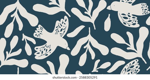 Seamless pattern botanical hand drawn beautiful style ornament with birds. Abstract trendy print. Fashionable vector template for your design.
