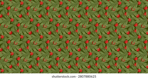 Seamless pattern botanical hawthorn red berries with green leaves. Ideal for autumn themes, herbal projects, nature education, seasonal decor, gardening, folklore, and botanical collections.
