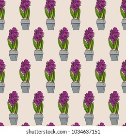seamless pattern botanical home garden spring purple flower in flowerpot blooming hyacinth