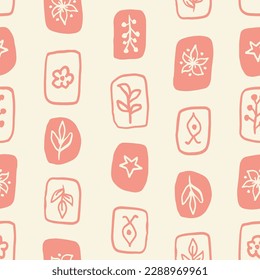 Seamless pattern with botanical icons on beige background.