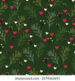 Seamless pattern botanical, leaf, twigs, berries and heart on green background.