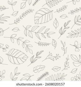 Seamless pattern botanical leaves line art isolated on white background.Vector illustration