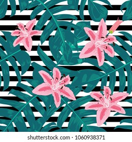 Seamless pattern botanical Leaves and pink lilly flowers on white lath background.Vector illustration.watercolor style