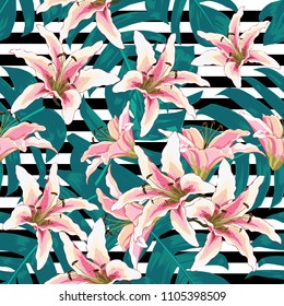 Seamless pattern botanical Leaves and pink lilly flowers on white-black background.Vector illustration.watercolor style