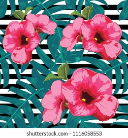 Seamless pattern botanical Leaves and pink flowers on white-black background.Vector illustration.watercolor style