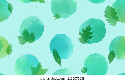 Seamless pattern with botanical leaves. Vector illustration of watercolor polka dots background.