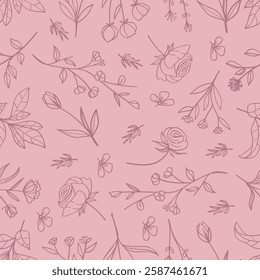 Seamless pattern botanical line art with herbs, wildflowers, flowers, twigs vector illustration on a pink background