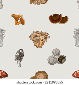 Seamless Pattern With Botanical Medicinal Colored Mushrooms Isolated On Beige. Background With Symbols Of Folk Medicine For Wrapping Paper. Set Of Plants For Phytotherapy. Cartoon Vector Illustration