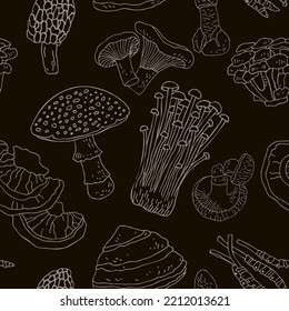 Seamless Pattern With Botanical Medicinal Doodle Mushrooms Isolated On Braun. Background With Symbols Of Folk Medicine For Wrapping Paper. Set Of Plants For Phytotherapy. Cartoon Vector Illustration