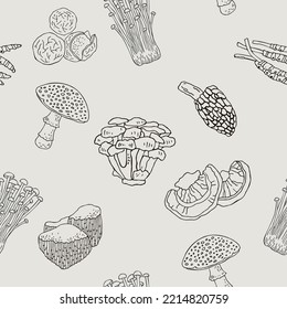 Seamless Pattern With Botanical Medicinal Doodle Isolated On Gray. Background With Symbols Of Folk Medicine For Wrapping Paper. Set Of Plants For Phytotherapy. Cartoon Vector Illustration