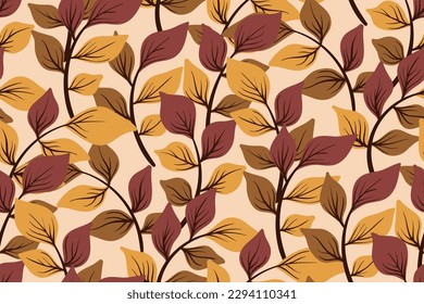 Nahtlose Muster, botanische Ornamente mit Herbstblättern. Vintage-Design für Gewebe, Papier mit handgezogenen Blättern auf Ästen. Gelbe, braune Blätter auf hellem Hintergrund. Vektorgrafik.