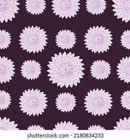 Seamless pattern with a botanical ornament of purple asters isolated on a dark background for printing on textiles, home decor, wallpaper on the theme of flowering in the garden.