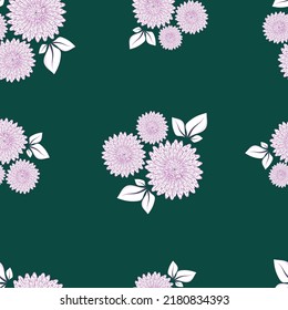 Seamless pattern with a botanical ornament of purple asters isolated on a green background for printing on textiles, home decor, wallpaper on the theme of flowering in the garden.