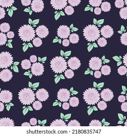 Seamless pattern with a botanical ornament of purple asters isolated on a dark background for printing on textiles, home decor, wallpaper on the theme of flowering in the garden.