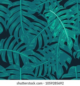 Seamless pattern botanical palm green leaves on isolated black background.Vector illustration.watercolor style
