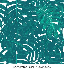 Seamless pattern botanical palm green leaves on isolated white background.Vector illustration.watercolor style