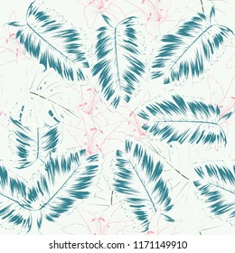 Seamless pattern botanical palm monstera leaves,pink lilly flowers abstract background.hand drawn vector illustration.For used wallpaper design,textile fabric or wrapping paper.