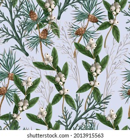 Seamless pattern with botanical  pines and hollyberries. Christmas background