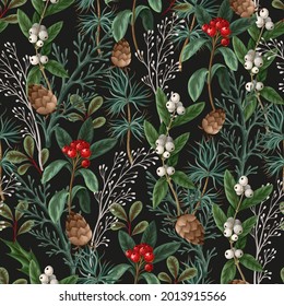 Seamless pattern with botanical  pines and hollyberries. Christmas background