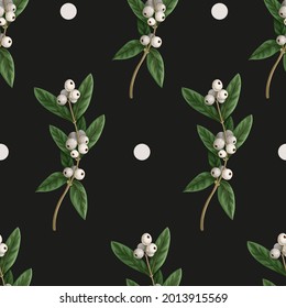 Seamless pattern with botanical  pines and hollyberries. Christmas background