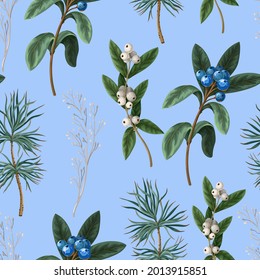Seamless pattern with botanical  pines and hollyberries. Christmas background