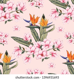 Seamless pattern botanical with pink Magnolia adn bird of paradise flowers on pastel color isolated background.Drawing line art.Vector illustration