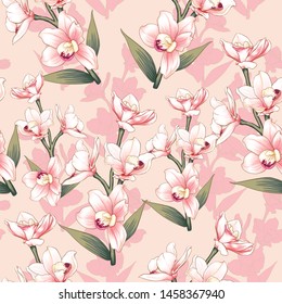 Seamless pattern botanical pink Orchid flowers on abstract pink pastel backgground.Vector illustration drawing watercolor style.For used wallpaper design,textile fabric or wrapping paper.