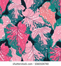 Seamless pattern botanical pink pastel and green Caladium leaves on isolated whitenbackground.Vector illustration.watercolor style