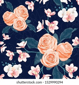 Seamless pattern botanical pink rose and pink Orchid flowers on abstract dark blue background.Vector illustration drawing watercolor style.For used wallpaper design,textile fabric or wrapping paper.