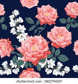 Seamless pattern botanical pink rose and  magnolia flowers on abstract dark blue background.Vector illustration drawing watercolor style.For used wallpaper design,textile fabric or wrapping paper.