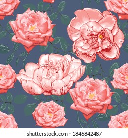 Seamless pattern botanical pink rose and Paeonia  flowers on abstract dark blue background.Vector illustration drawing watercolor style. For use wallpaper design, textile fabric or wrapping paper.