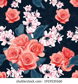 Seamless pattern botanical pink rose and pink Orchid flowers on abstract dark blue background.Vector illustration drawing watercolor style.For used wallpaper design,textile fabric or wrapping paper.