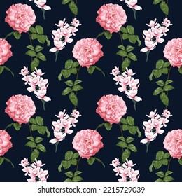 Seamless pattern botanical pink rose and orchid flowers on abstract dark blue background.Vector illustration drawing watercolor style.For used wallpaper design,textile fabric or wrapping paper.