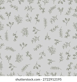 Seamless Pattern Botanical Plant and Flower Line Drawing Green on Gray Background. Vector Illustration