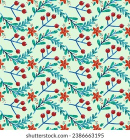 Patrón sin foco con plantas botánicas, flores y bayas. Impresión de papel textil o de papel