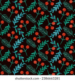 Seamless pattern with botanical plants, flowers and berries. Textile or wallpaper print