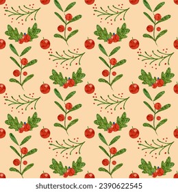 Seamless pattern with botanical plants, flowers and berries. Textile or wallpaper print