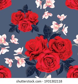 Seamless pattern botanical red rose and pink Orchid flowers on abstract dark blue background.Vector illustration drawing watercolor style.For used wallpaper design,textile fabric or wrapping paper.