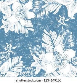 Seamless pattern botanical repeat white lilly,Hibiscus flowers on blue abstract background.Vector illustration hand drawning doodle.For used wallpaper design,textile fabric or wrapping paper